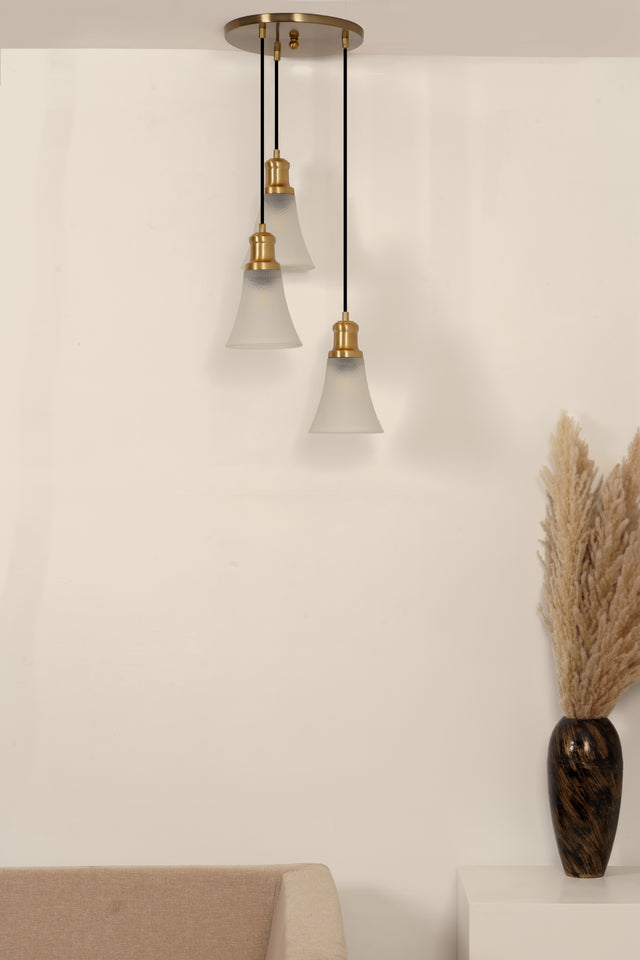 Divine Trends Brass Antique Finish Triple Pendant Hanging Glass Lamp with Frosted Hammered Glass Shade