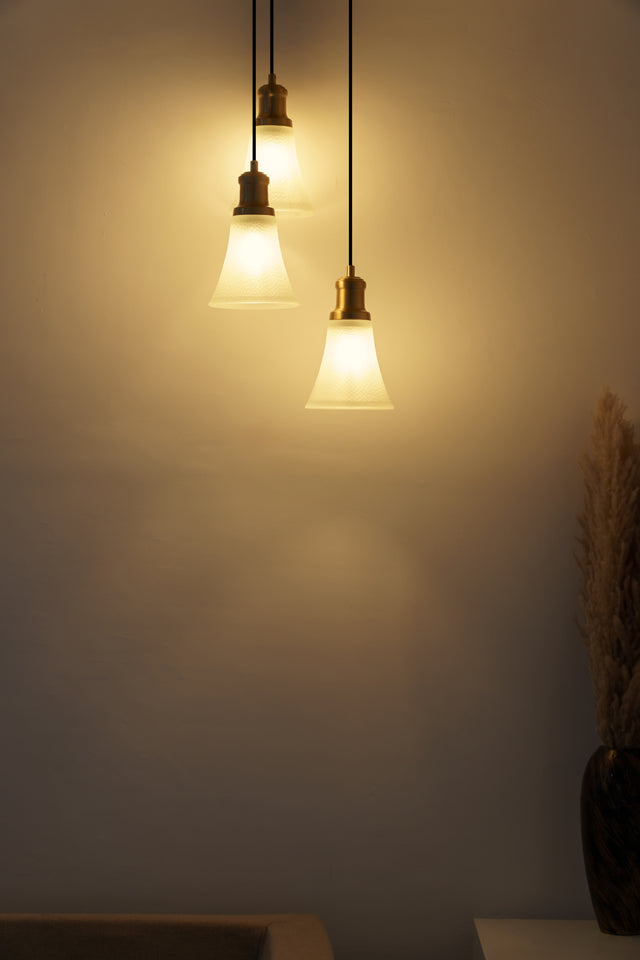 Divine Trends Brass Antique Finish Triple Pendant Hanging Glass Lamp with Frosted Hammered Glass Shade