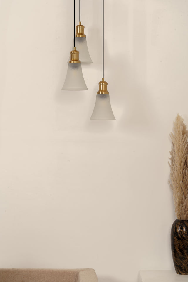 Divine Trends Brass Antique Finish Triple Pendant Hanging Glass Lamp with Frosted Hammered Glass Shade