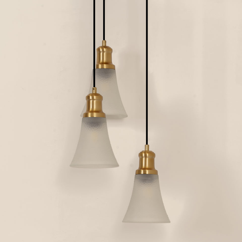 Divine Trends Brass Antique Finish Triple Pendant Hanging Glass Lamp with Frosted Hammered Glass Shade