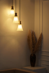 Divine Trends Brass Antique Finish Triple Pendant Hanging Glass Lamp with Frosted Hammered Glass Shade