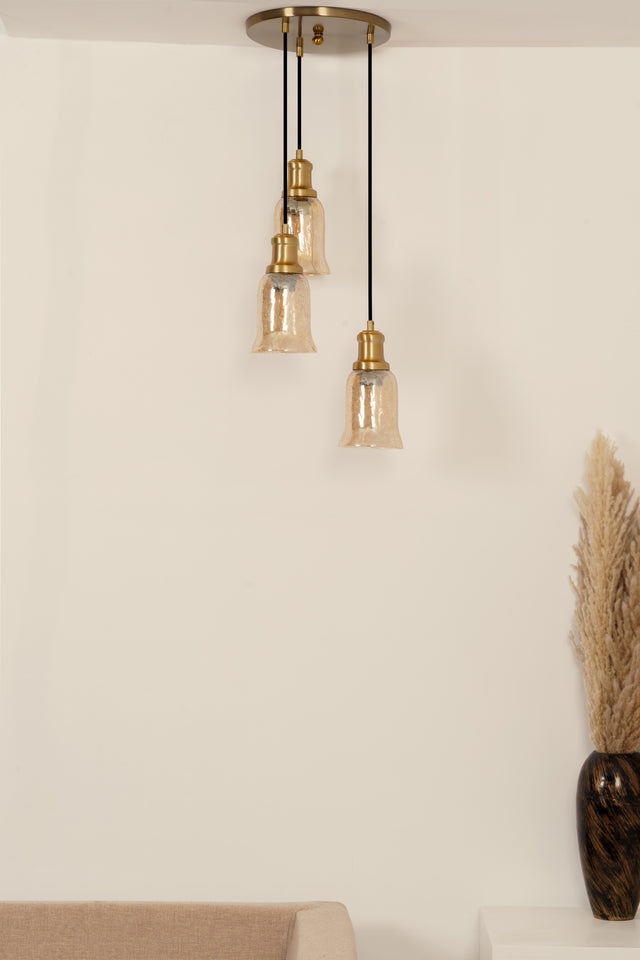 Divine Trends Brass Antique Finish Triple Pendant Hanging Glass Lamp with Chimney Crackled Glass Golden Luster Shade