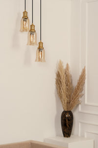 Divine Trends Brass Antique Finish Triple Pendant Hanging Glass Lamp with Chimney Crackled Glass Golden Luster Shade