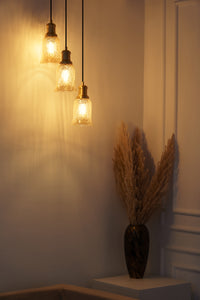 Divine Trends Brass Antique Finish Triple Pendant Hanging Glass Lamp with Chimney Crackled Glass Golden Luster Shade