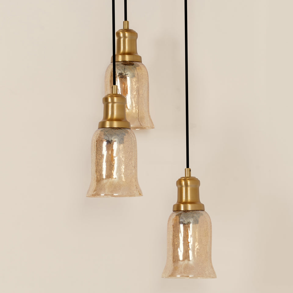 Divine Trends Brass Antique Finish Triple Pendant Hanging Glass Lamp with Chimney Crackled Glass Golden Luster Shade