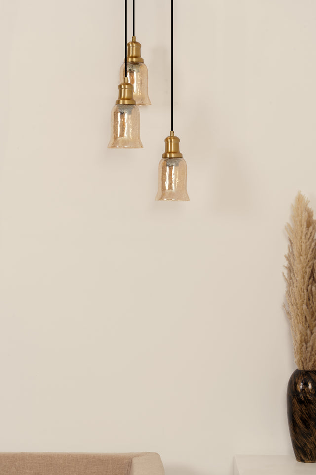 Divine Trends Brass Antique Finish Triple Pendant Hanging Glass Lamp with Chimney Crackled Glass Golden Luster Shade