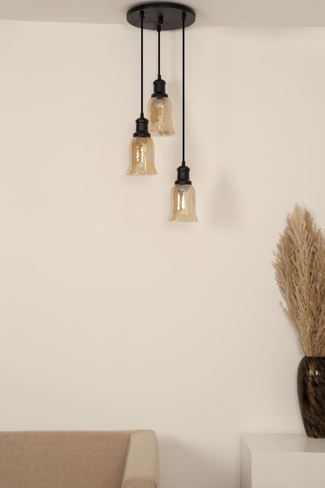 Divine Trends Black Finish Triple Pendant Hanging Glass Lamp with Chimney Crackled Glass Shade