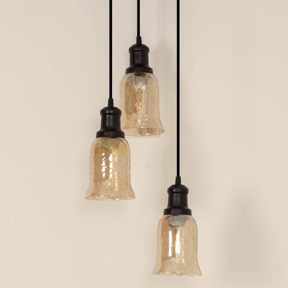 Divine Trends Black Finish Triple Pendant Hanging Glass Lamp with Chimney Crackled Glass Shade