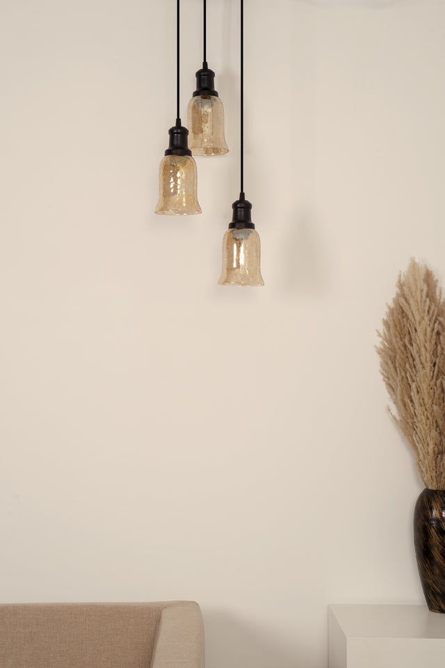 Divine Trends Black Finish Triple Pendant Hanging Glass Lamp with Chimney Crackled Glass Shade