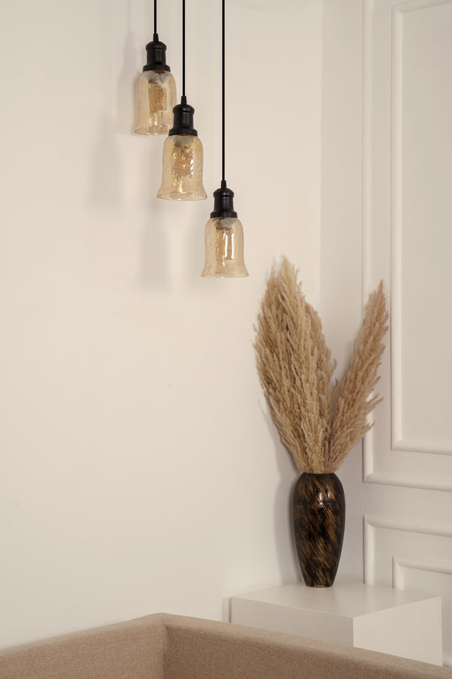 Divine Trends Black Finish Triple Pendant Hanging Glass Lamp with Chimney Crackled Glass Shade