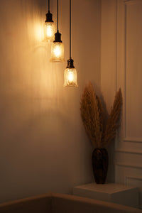 Divine Trends Black Finish Triple Pendant Hanging Glass Lamp with Chimney Crackled Glass Shade