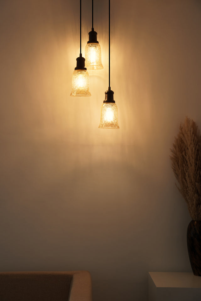 Divine Trends Black Finish Triple Pendant Hanging Glass Lamp with Chimney Crackled Glass Shade