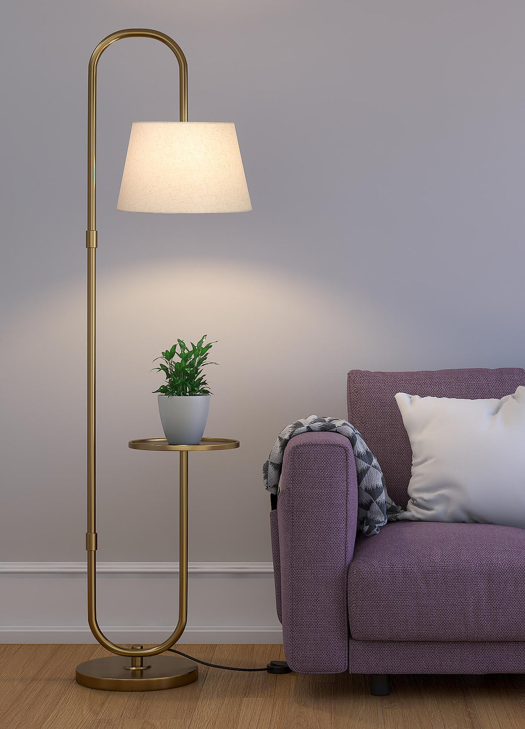 Modern Floor Lamp with Shelf for Living Room, Bedroom- Brass Antique with Off White Lamp Shade