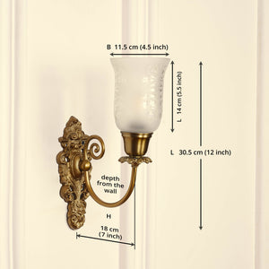 Divine Trends Brass Antique Finish Carved Wall Lamp with Flower Print Frosted Glass Shade