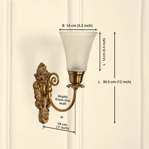 Divine Trends Brass Antique Finish Carved Wall Lamp with Frosted Hammered Glass Shade