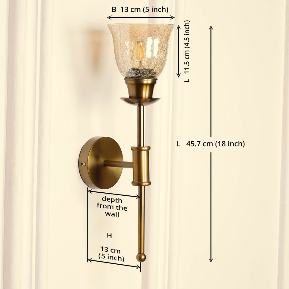 Divine Trends Brass Antique Finish Spacer Wall Lamp with Cup Crackled Glass Golden Luster Shade