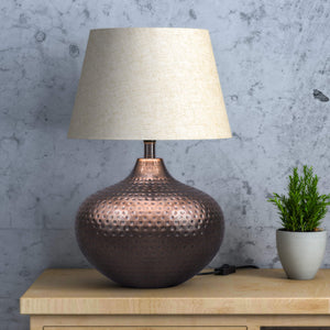 Table Lamp Hammered Copper Antique for Living room, Bedroom with Off White Lamp Shade - Bedside lamp 21 Inches Height