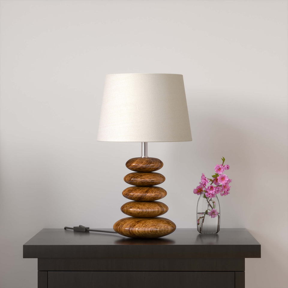 Wooden Pebble Table Lamp 18 Inches Height With 10 Inches Diameter Lamp Shade For Bedroom, Bedside, Living Room, Home Decoration, Hotel (Cream Jute, Pack of 1)