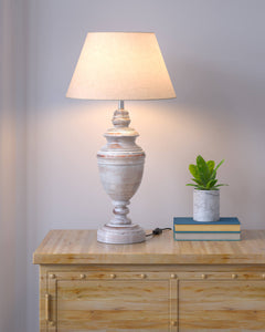 Wooden Distressed White Table Lamp including 14 inches Off White Lampshade