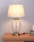Glass Table Lamp Brass Antique for Living room, Bedroom with Off White Lamp Shade - Diamond Cut Glass design 19 Inches Height