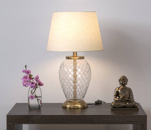 Glass Table Lamp Brass Antique for Living room, Bedroom with Off White Lamp Shade - Diamond Cut Glass design 19 Inches Height