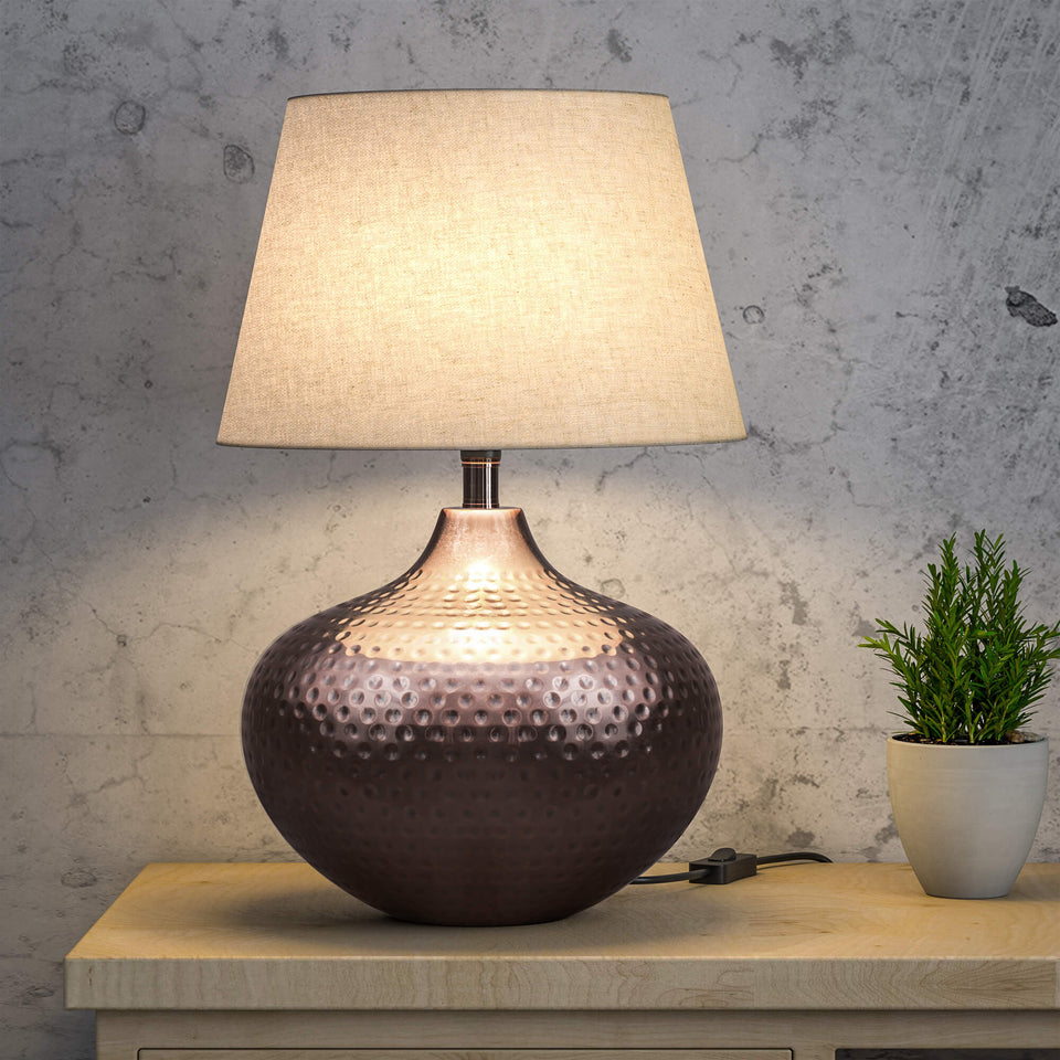 Table Lamp Hammered Copper Antique for Living room, Bedroom with Off White Lamp Shade - Bedside lamp 21 Inches Height