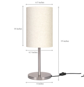 Table Lamp Silver Satin Nickel for Bedside, Living Room with Off White Cylinder Lamp Shade - Sleek Bedroom lamp 19 Inches Height
