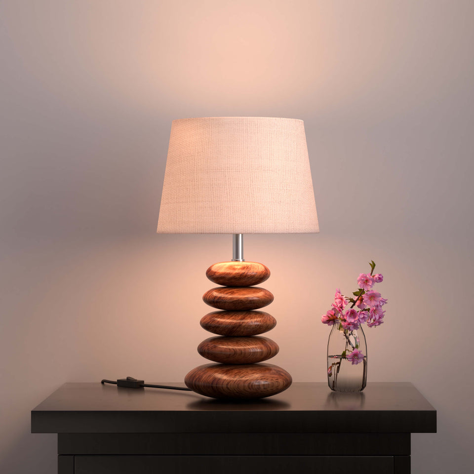 Wooden Pebble Table Lamp 18 Inches Height With 10 Inches Diameter Lamp Shade For Bedroom, Bedside, Living Room, Home Decoration, Hotel (Cream Jute, Pack of 1)