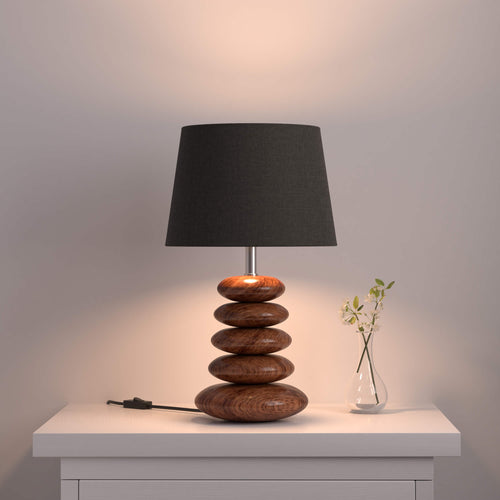 Pebble Wood Table Lamp for Bedroom, Bedside with Black Lamp Shade - 19 Inches Height