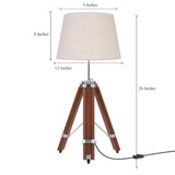 Wood Tripod Table Lamp Brown Polished Silver Nickel for Living room, Bedroom with Off White Lamp Shade - Adjustable Height