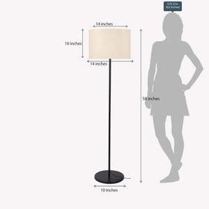 Floor Lamp Standing Black Polished for Living room, Bedroom - Modern Sleek Pedestal 5ft Height with Off White Drum Lampshade