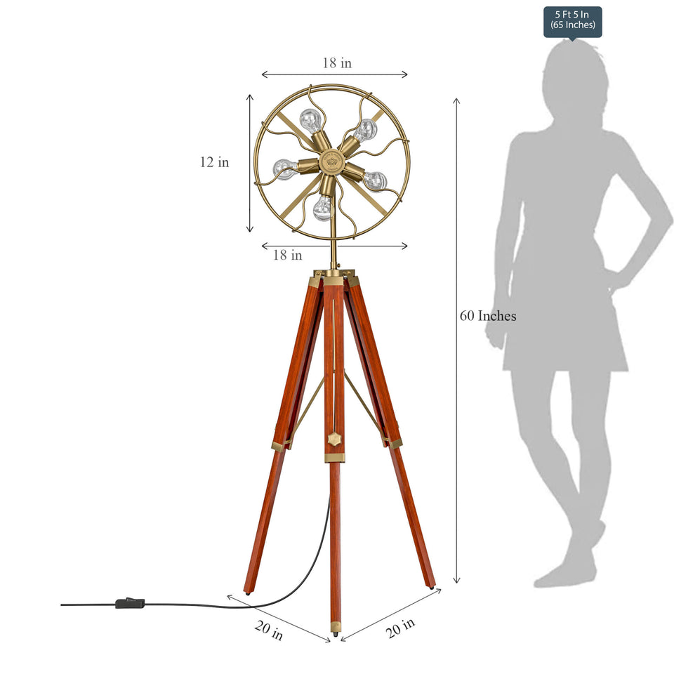 Wooden Brown and Brass Antique Gold 5ft Height Adjustable Tripod Floor Lamp Standing with Moveable Wheel Fan Light