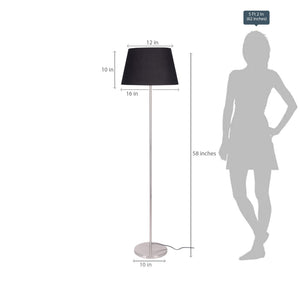 Modern Silver Floor Lamp Standing for Living Room, Bed Room- Satin Nickel, Sleek Design Pedestal 5ft Height with Black Lamp Shade