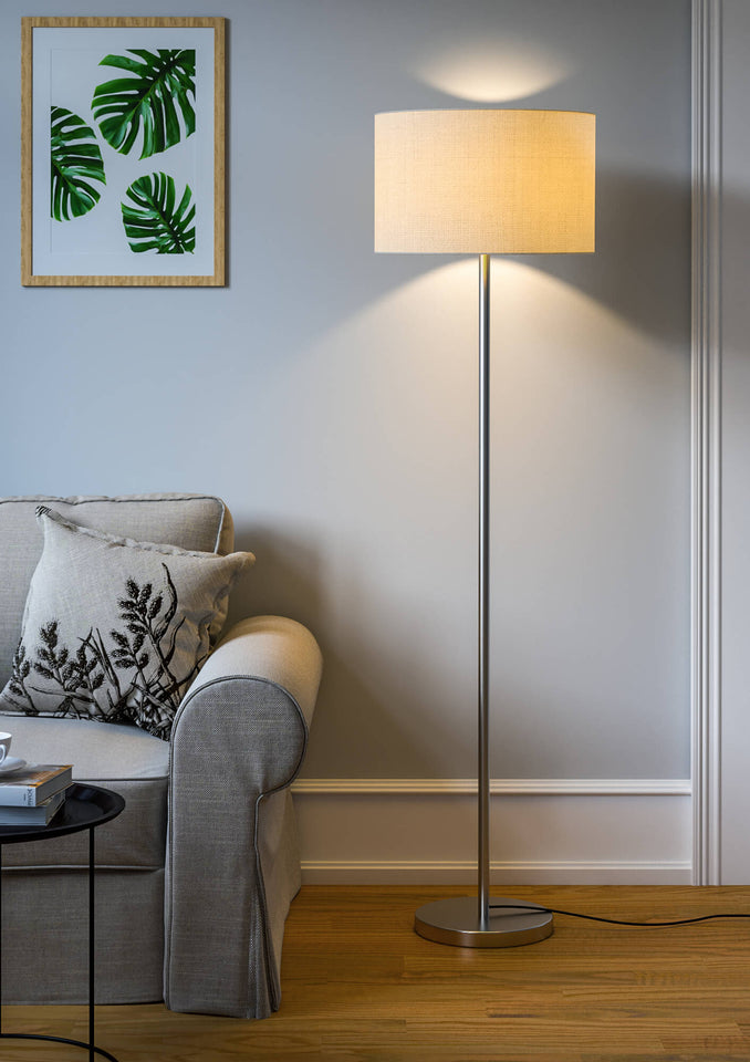 Modern Floor Lamp Standing for Living Room, Bedroom- Silver Satin Nickel, Sleek Pedestal 5ft Height with Off White Drum Lampshade