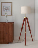 Tripod Floor Lamp Brass Antique Standing for Living Room, Bedroom- Wooden Adjustable 5ft Height with Off White Drum Lampshade