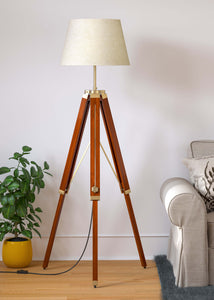 Tripod Floor Lamp Standing Brown Polished Brass Antique for Living room, Bedroom - Adjustable height with Off white Lamp shade