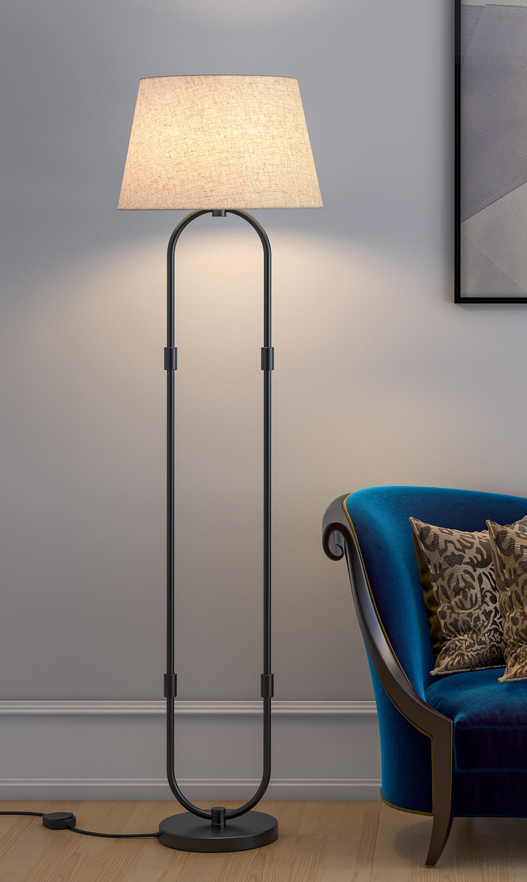 Modern Floor Lamp Standing Black Polished for Living room, Bedroom - 5ft Height with Off White Lamp Shade