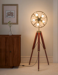 Wooden Brown and Brass Antique Gold 5ft Height Adjustable Tripod Floor Lamp Standing with Moveable Wheel Fan Light