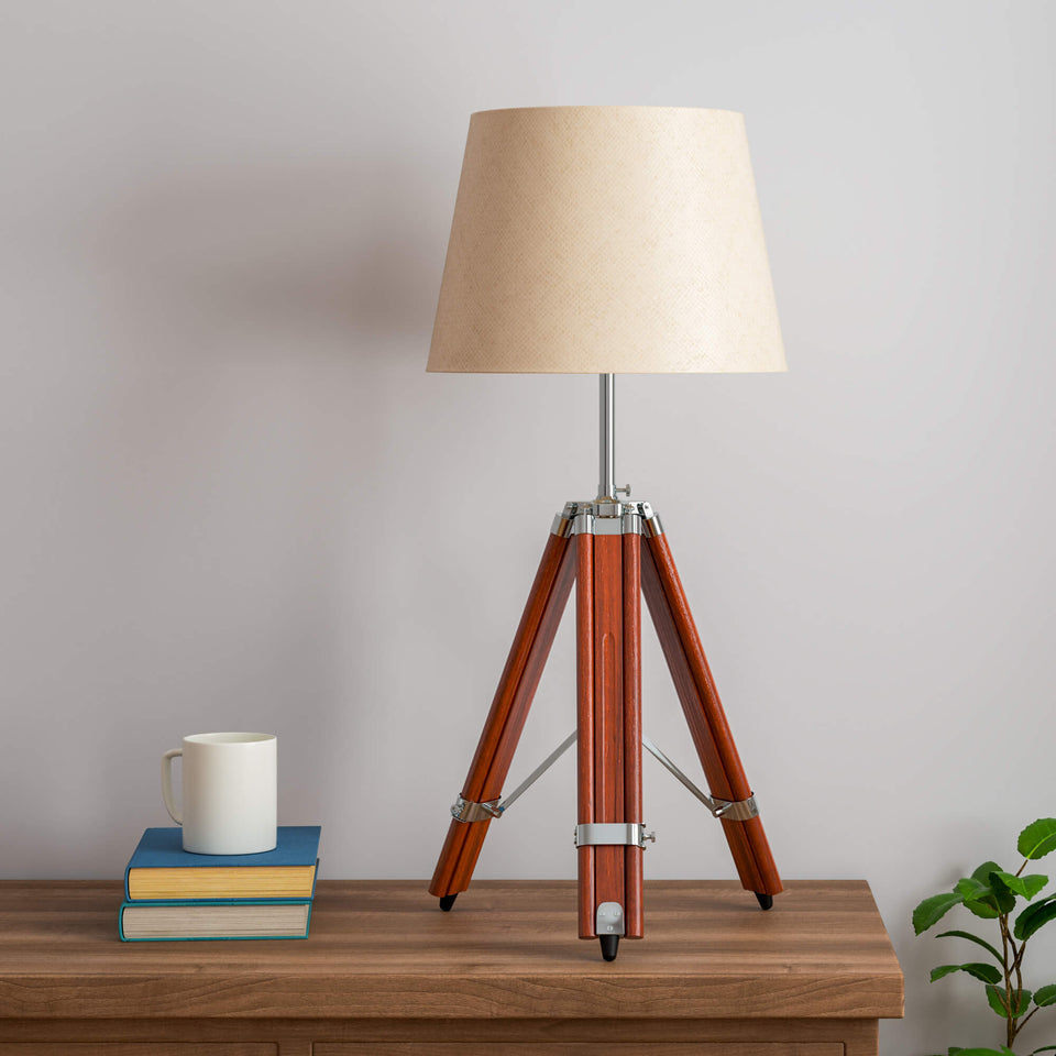 Wood Tripod Table Lamp Brown Polished Silver Nickel for Living room, Bedroom with Off White Lamp Shade - Adjustable Height