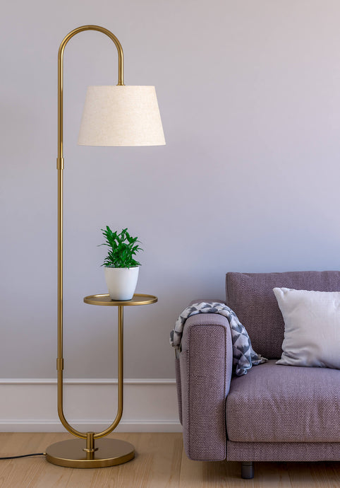 Modern Floor Lamp with Shelf for Living Room, Bedroom- Brass Antique with Off White Lamp Shade