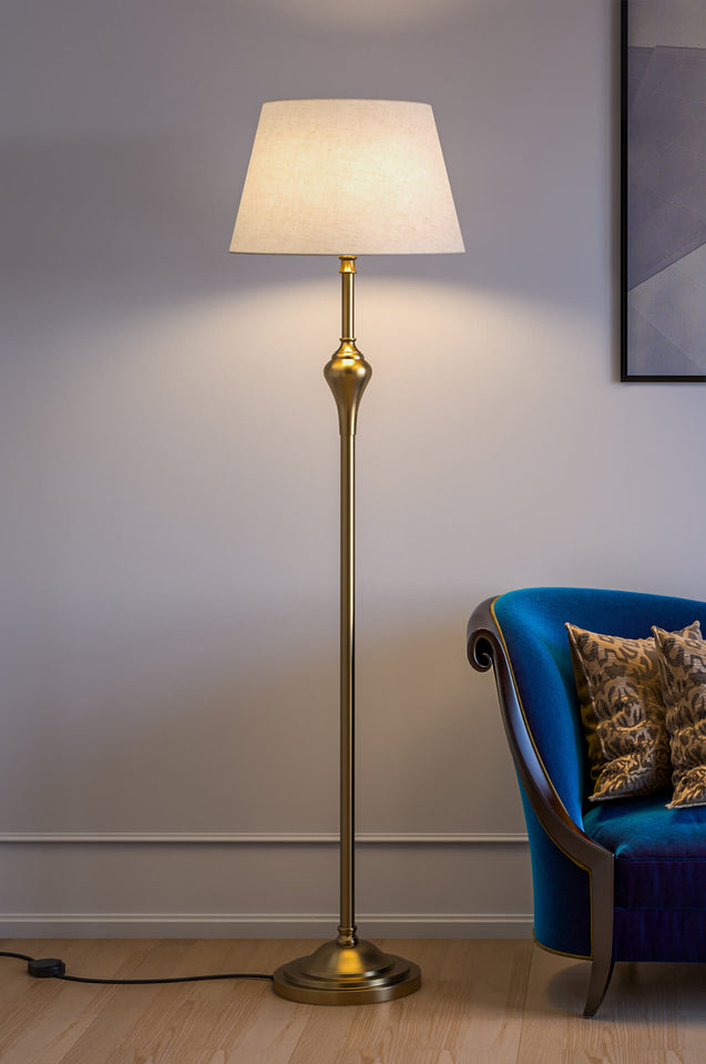 Floor Lamp Standing Brass Antique for Living room, Bedroom - Royal Pedestal 5ft Height with Off White Lamp Shade