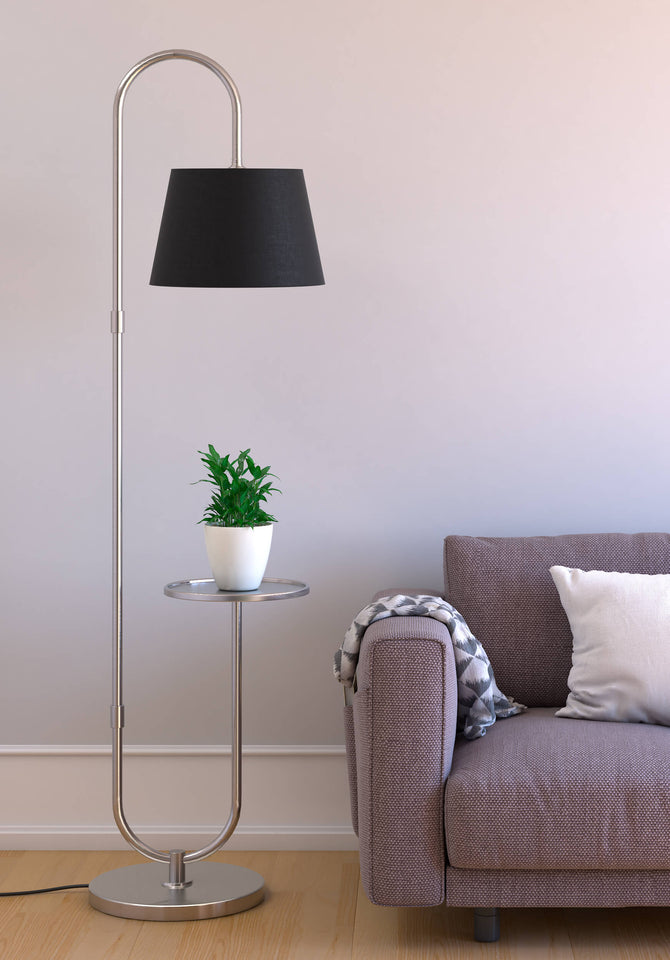 Floor Lamp with Shelf Standing for Living Room, Bedroom- Satin Nickel Silver with Black Lamp Shade, Modern Design
