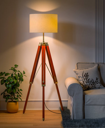 Tripod Floor Lamp Brass Antique Standing for Living Room, Bedroom- Wooden Adjustable 5ft Height with Off White Drum Lampshade