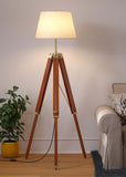 Tripod Floor Lamp Standing Brown Polished Brass Antique for Living room, Bedroom - Adjustable height with Off white Lamp shade