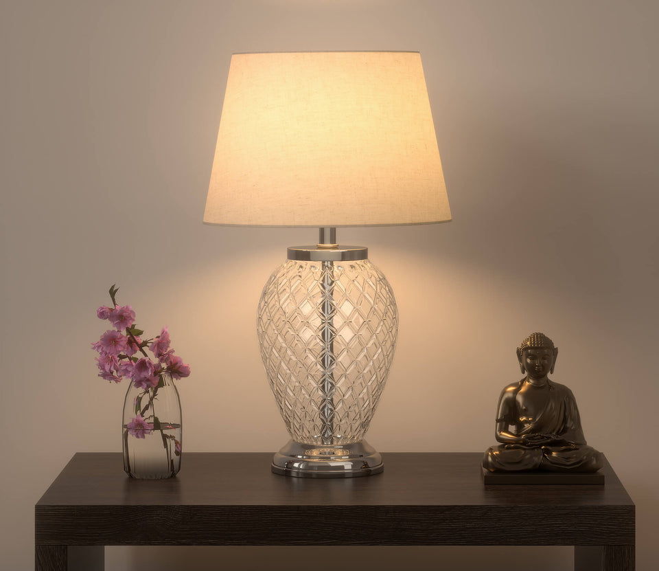 Divine Trends Diamond Cut Glass Table Lamp Silver Finish 19 Inches Height With Off White 12 Inches Diameter Lampshade