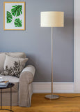 Modern Floor Lamp Standing for Living Room, Bedroom- Silver Satin Nickel, Sleek Pedestal 5ft Height with Off White Drum Lampshade