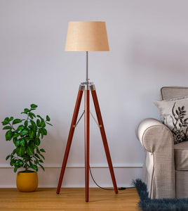 Vintage Sleek Tripod Floor Lamp Standing Brown Polished for Living Room, Bedroom- With Jute Lamp Shade