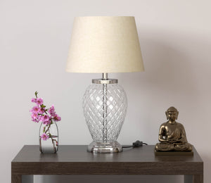 Divine Trends Diamond Cut Glass Table Lamp Silver Finish 19 Inches Height With Off White 12 Inches Diameter Lampshade