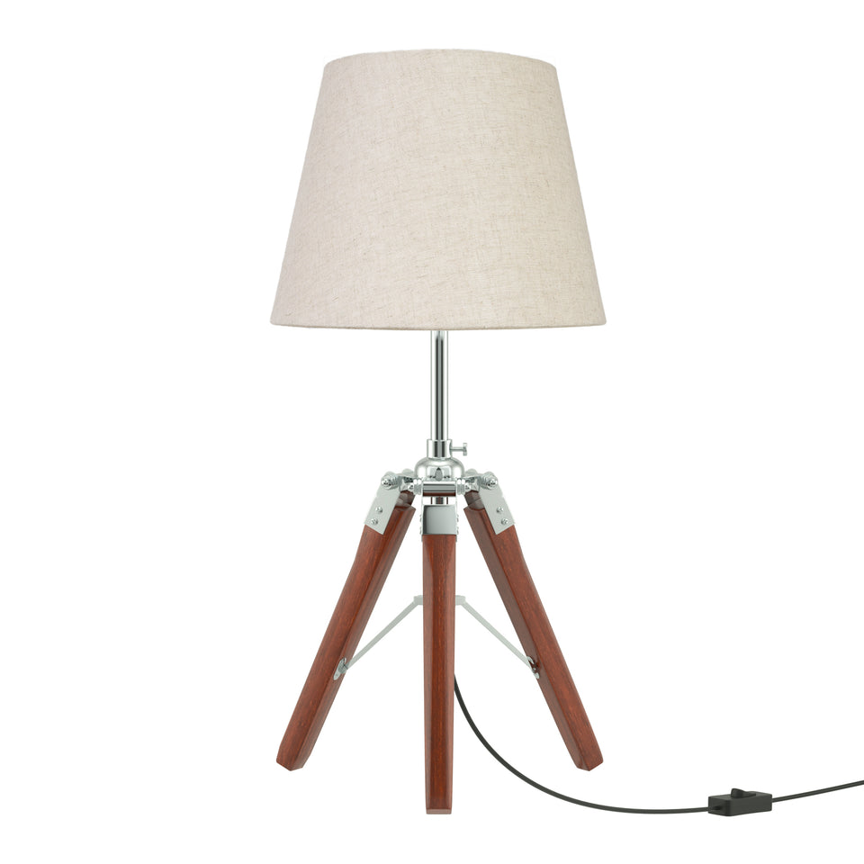 Tripod Table Lamp Wood Brown Polished Silver Nickel for Living room, Bedroom with Off White Lamp Shade 19 Inches Height
