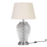 Glass Table Lamp Silver Nickel for Living room, Bedroom with Off White Lamp Shade - Bedside Diamond Cut Glass Lamp 23 Inches Height